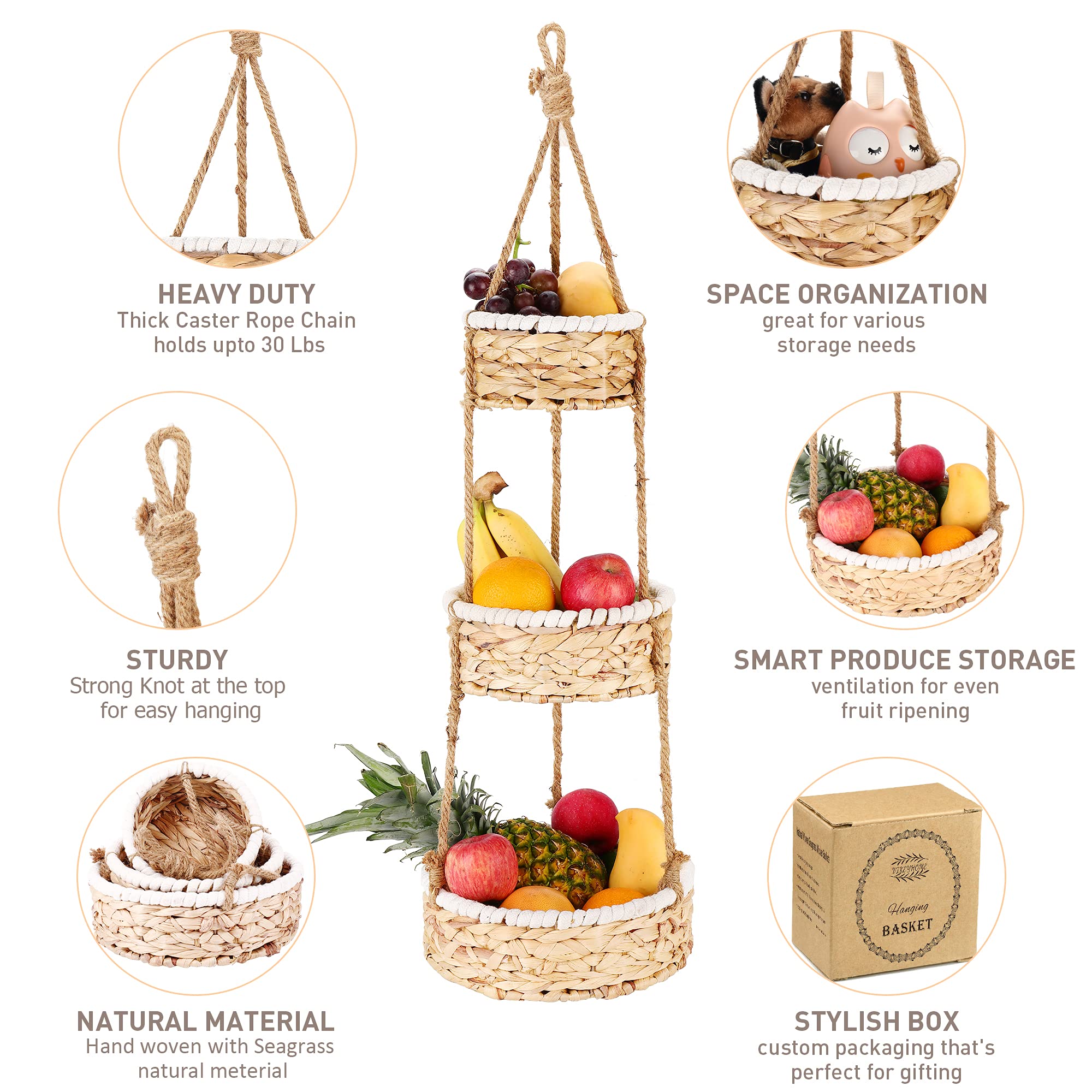 3 Tier Hanging Fruit Basket For Kitchen, Handmade Natural Woven Wicker Seagrass Hanging Basket For Fruit And Vegetable Counterto